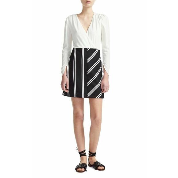 Maje Dress Rolim Stripe Skirt Crepe & Woven V-Neck‎ Long Sleeve Fit & Flare Sz 1 - Picture 1 of 12